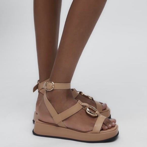 Zara BEIGE FLATFORM LEATHER SANDALS size 8 - Picture 1 of 11